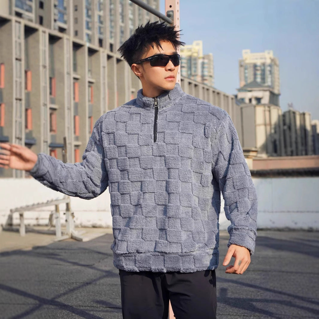 Men's fleece pullover with structured surface texture and high collar Chic und Stil