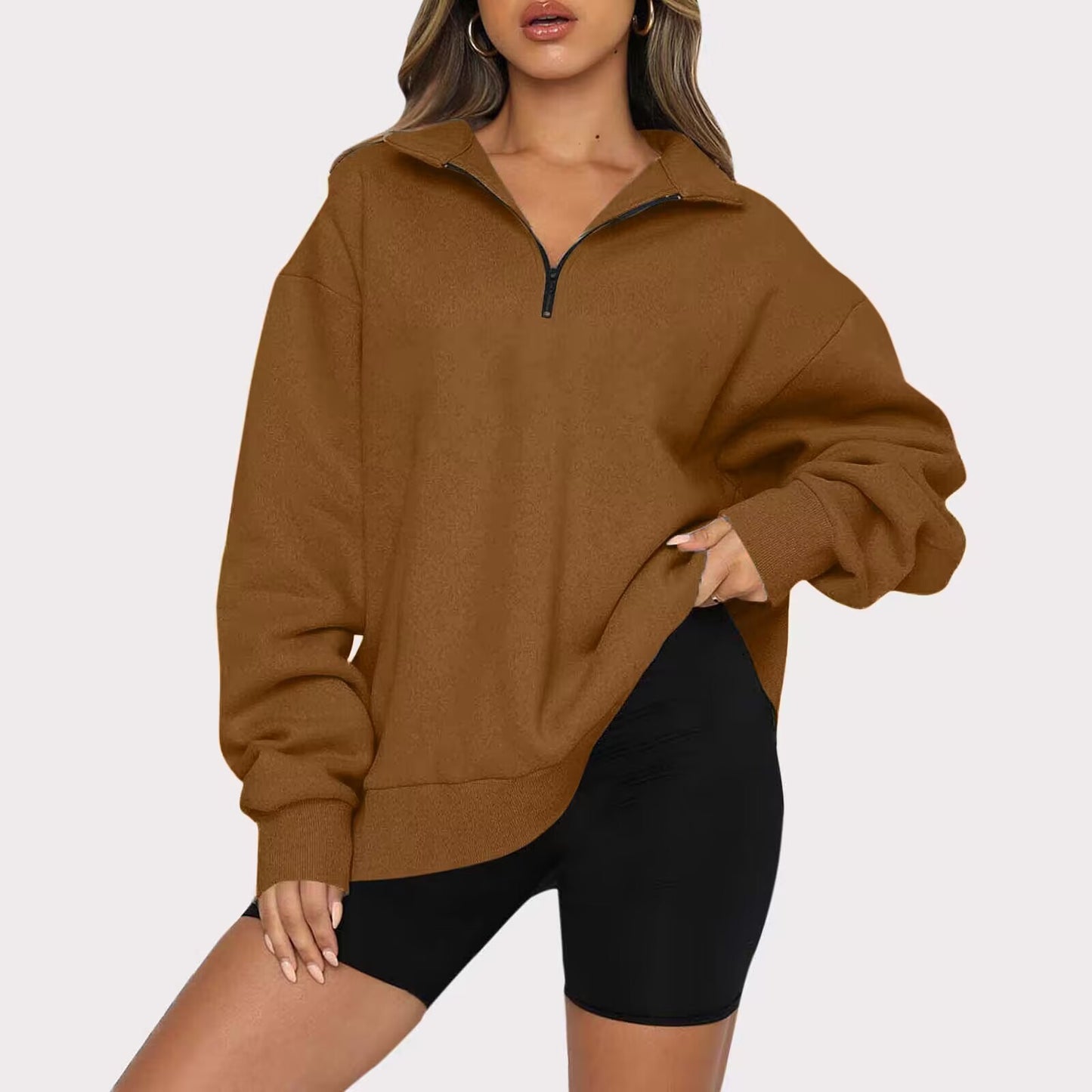 Oversized zip-up pullover for women with high collar Chic and Style