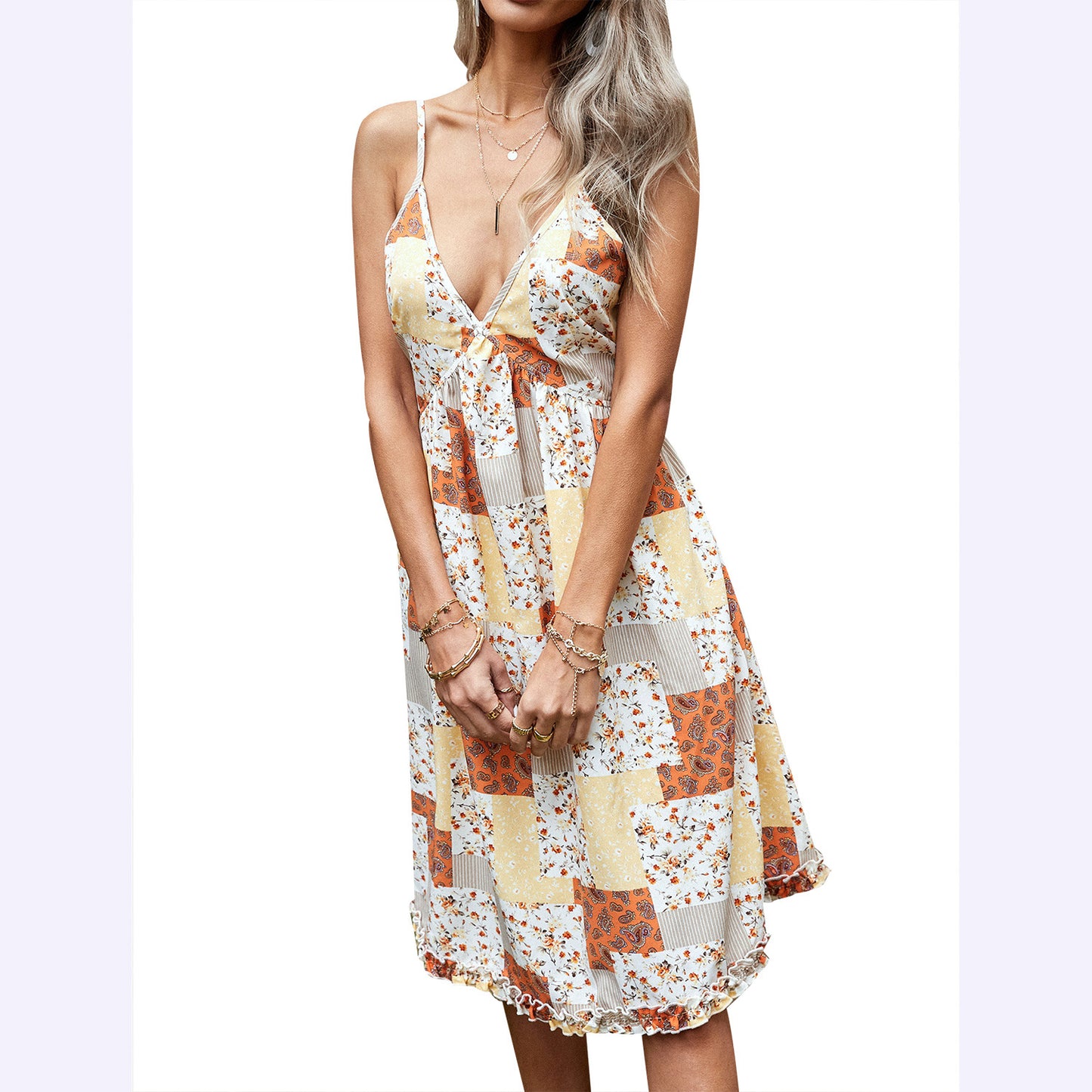 Robe d'été légère pour femmes avec design patchwork floral et bretelles spaghetti réglables Chic und Stil