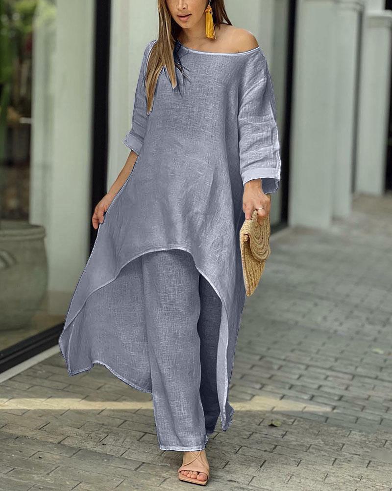 Asymmetrical elegant linen tunic set for women and Chic und Stil pants