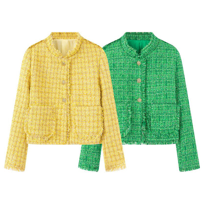 Dames élégante veste courte en tissu texturé avec boutons dorés Chic und Stil