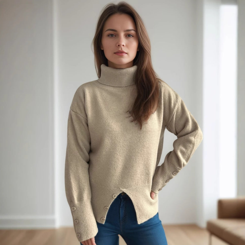 Pull col roulé tendance pour femmes avec détails de boutons et ourlet asymétrique Chic und Stil