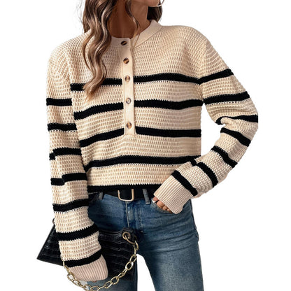 Pull femme à rayures avec patte de boutonnière en laine texturée Chic und Stil
