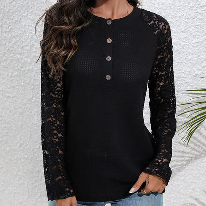 Chemise à manches longues en dentelle pour femmes avec détails de boutons et devant texturé Chic und Stil
