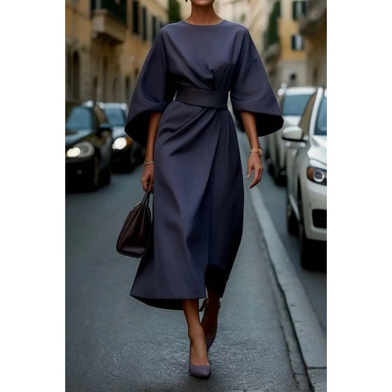 Dames Élégante Robe Maxi avec Manches Amples et Ceinture Cintrée Chic und Stil