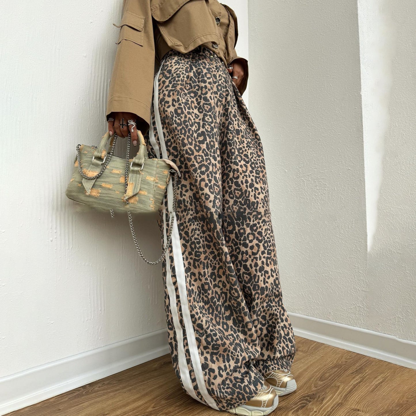 Chic and Stylish Women's Leopard Print Casual Pants with Side Stripes