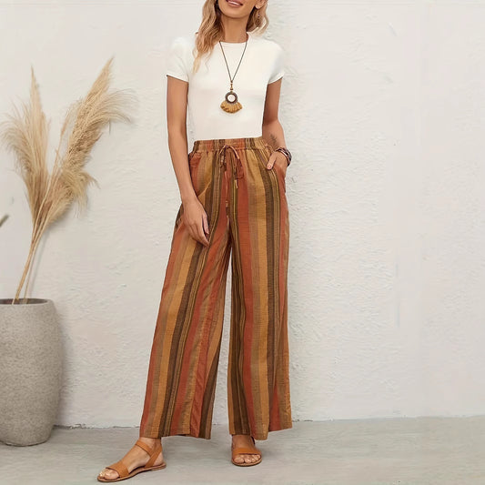 Wide striped pants for women with elastic waist and practical tie belt Chic and Style