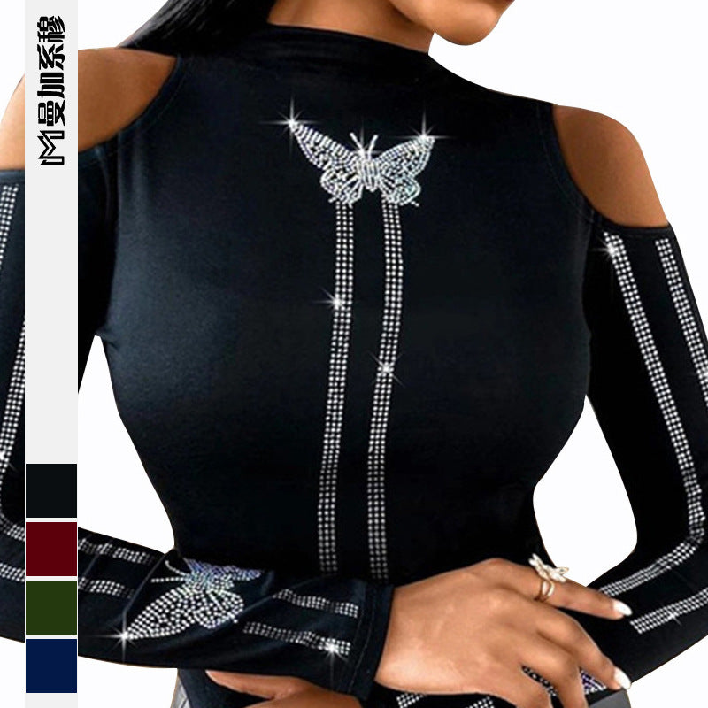 Dames Haut élégant avec emmanchure extravagante et appliques scintillantes Chic und Stil