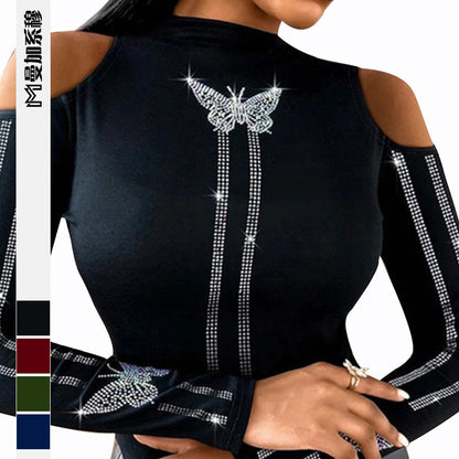 Dames Haut élégant avec emmanchure extravagante et appliques scintillantes Chic und Stil