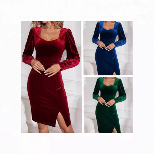 Robe en velours pour femme avec décolleté en V élégant et manches bouffantes Chic und Stil