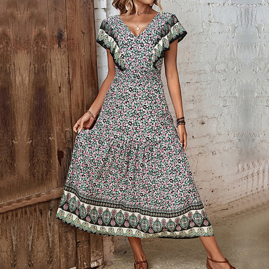 Robe Maxi Florale à Volants pour Femmes avec Imprimé Vintage Chic und Stil