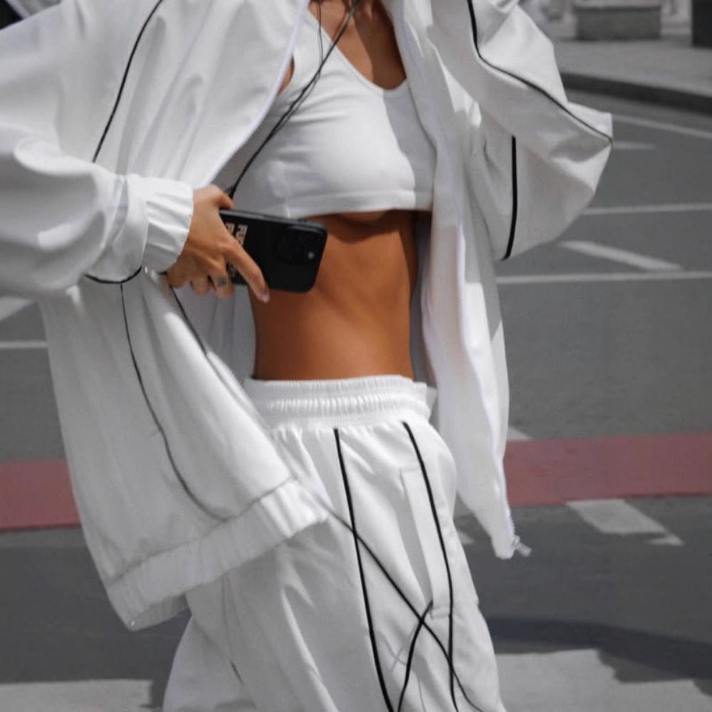 Ladies Oversized Sport Jacket with Loose Pants and Chic Breathable Top