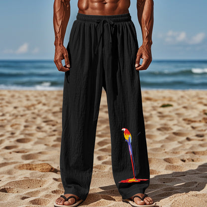 Casual beach pants for men with elastic waistband and colorful bird pattern Chic and Style