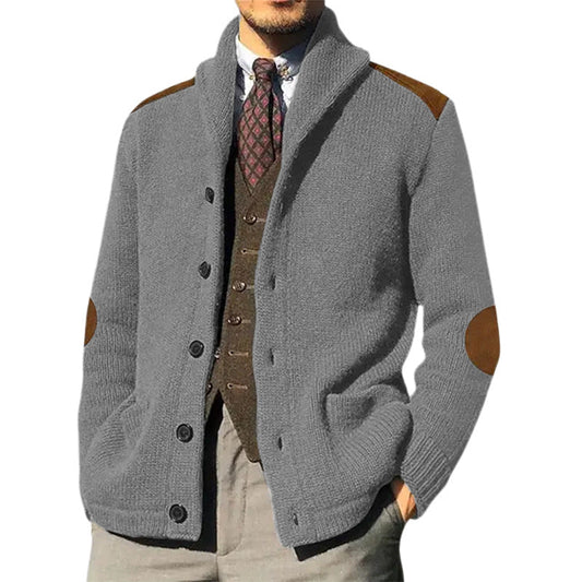 Chic und Stil | Men's Cozy Knitted Cardigan with Modern Shawl Collar and Practical Button Details