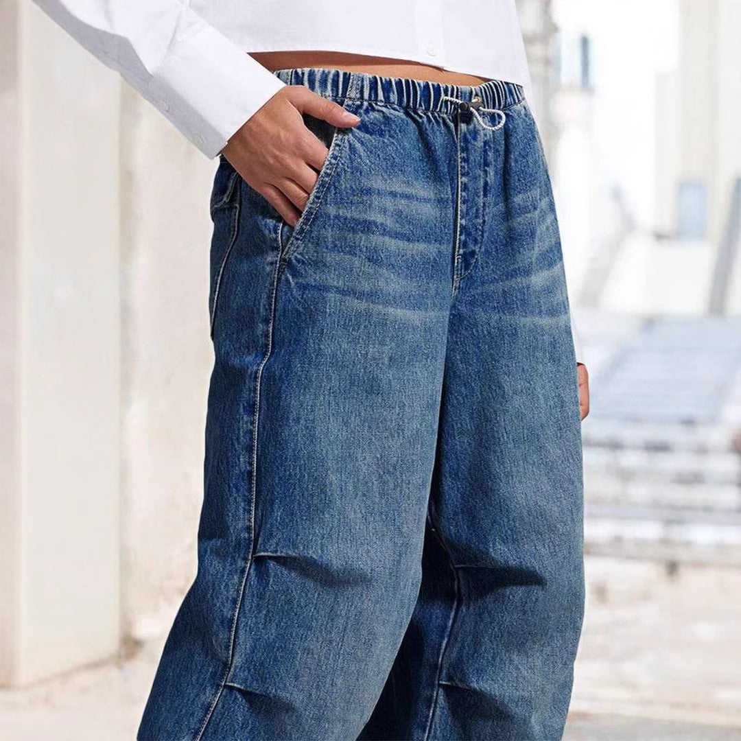High-waisted Flared Denim Pants for Women with Elastic Waist Chic and Style