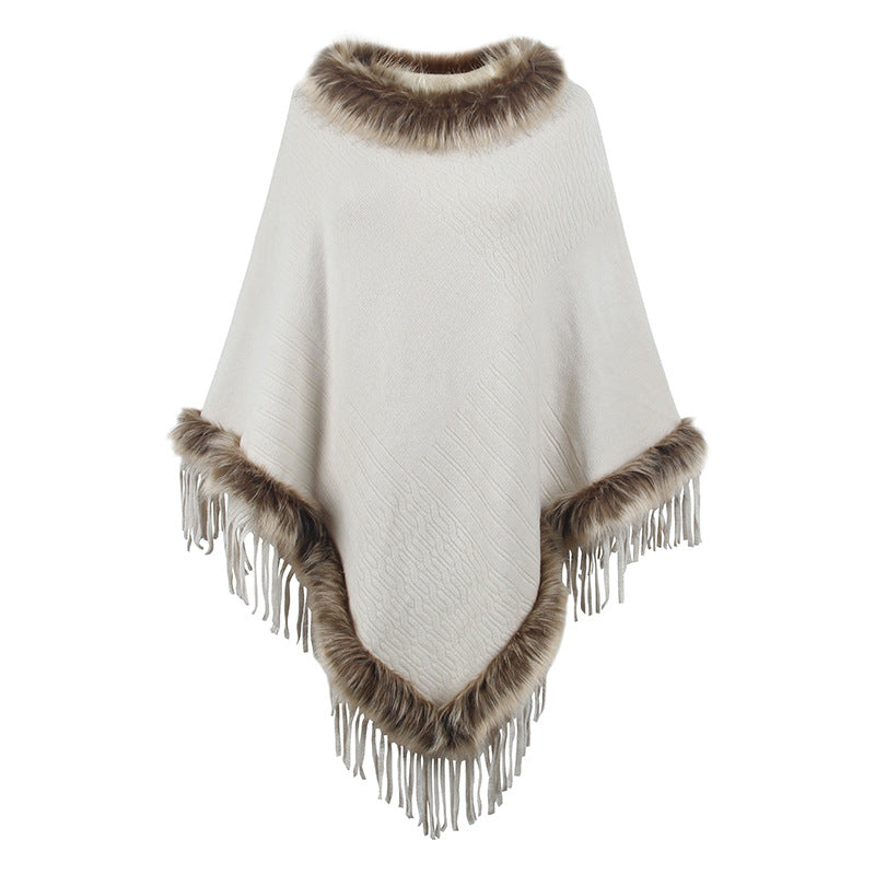 Dames élégant poncho avec col en fausse fourrure luxueuse et franges décadentes Chic und Stil