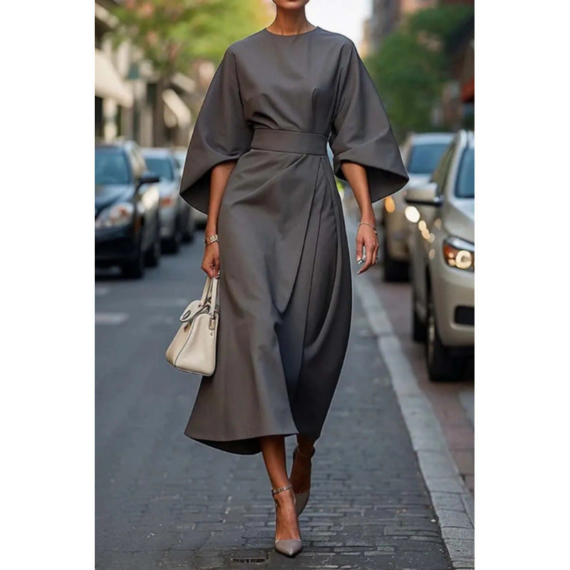 Dames Élégante Robe Maxi avec Manches Amples et Ceinture Cintrée Chic und Stil
