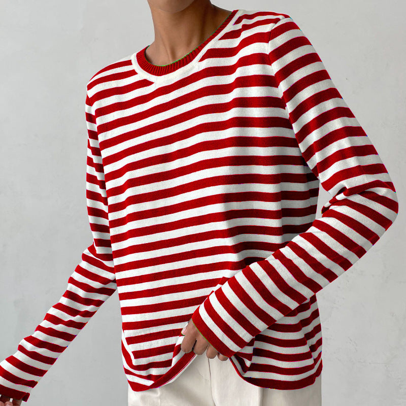 Femme pull à manches longues rayé avec col rond et coupe large Chic und Stil