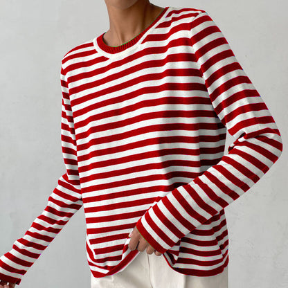 Femme pull à manches longues rayé avec col rond et coupe large Chic und Stil