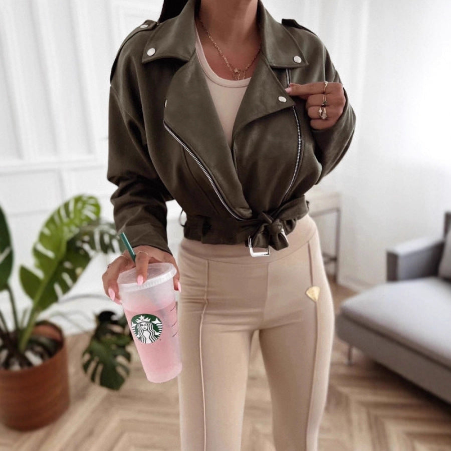 Ladies Casual Biker Style Transition Jacket with Waist Belt Chic und Stil