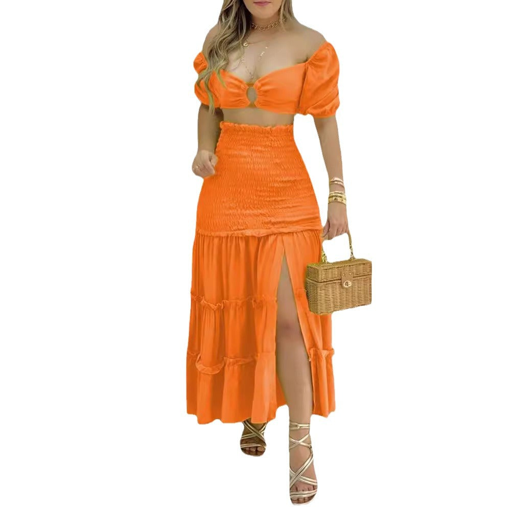 Dames deux pièces avec des détails froncés et une haute fente Chic und Stil