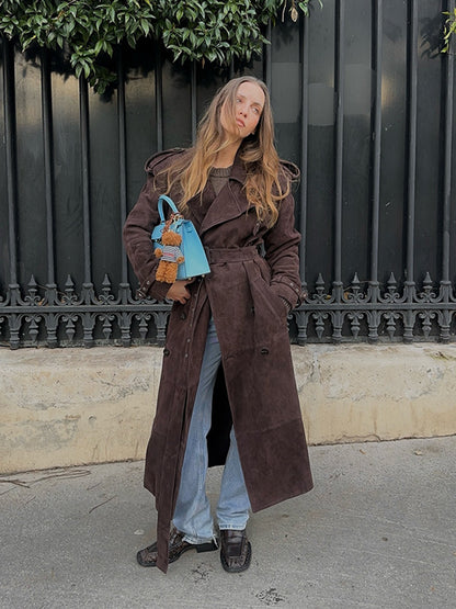 Dames Élégant Trench-coat en Daim avec large col et poches pratiques Chic und Stil