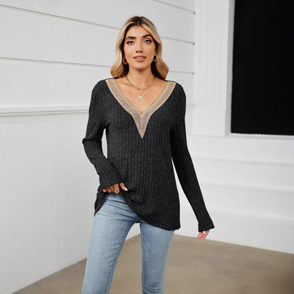 Pull en tricot pour femmes avec encolure en V et dentelle romantique Chic und Stil
