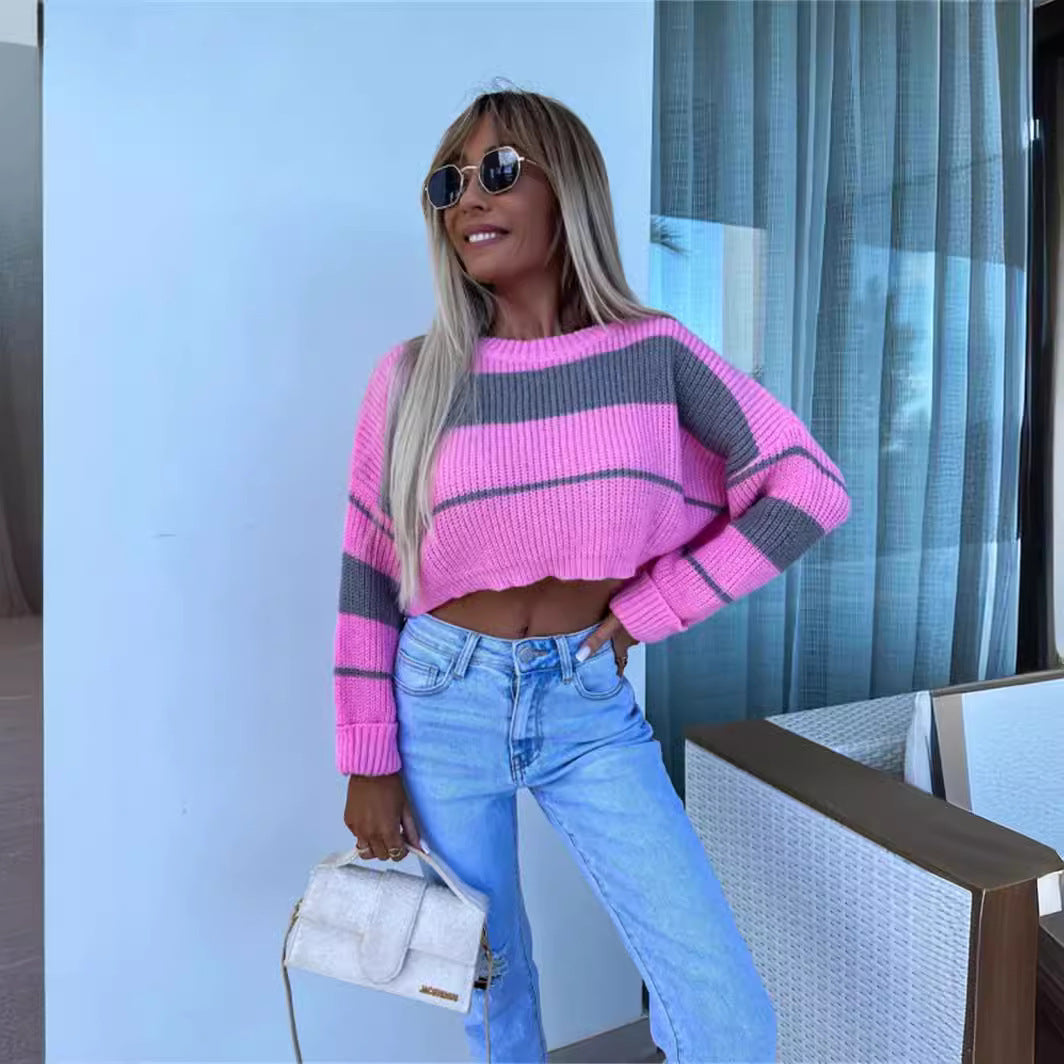 Pull en tricot cropped pour femmes avec des rayures colorées Chic und Stil