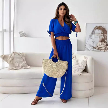 Dames Crop Smocked Top avec pantalon large Chic und Stil