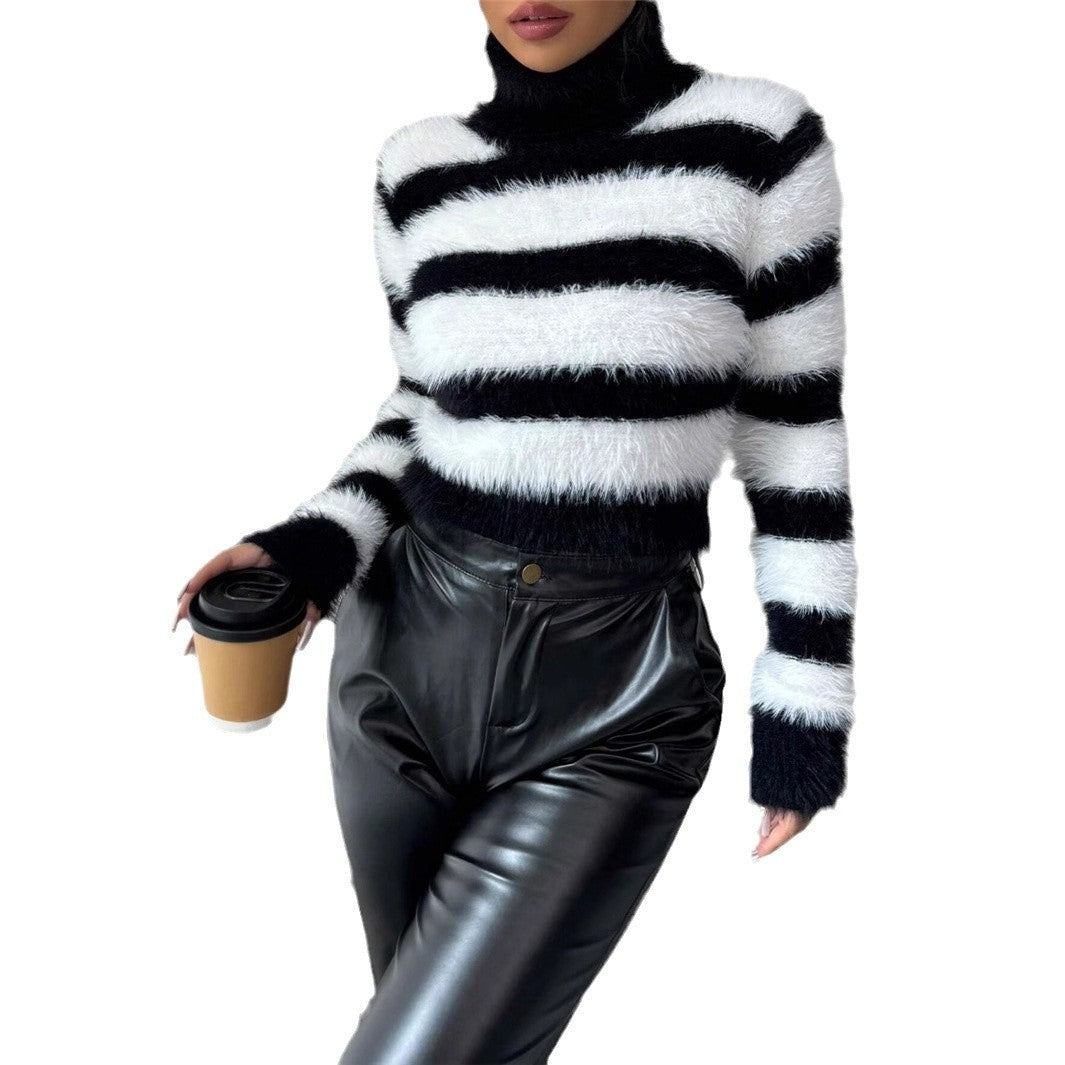Pull en tricot à la mode pour femmes avec un design rayé tendance et un col haut Chic und Stil