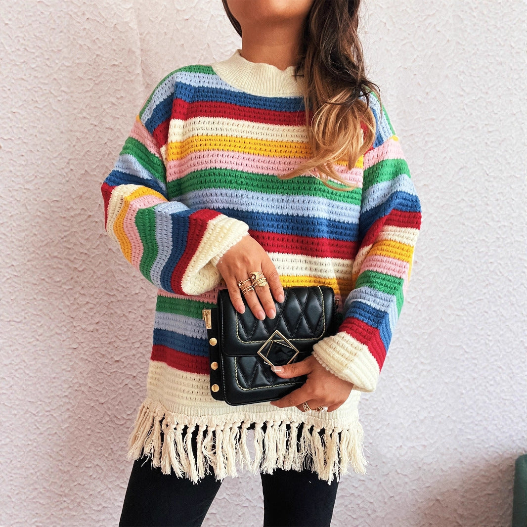 Pull femme charmant avec franges et motif rayé coloré Chic und Stil