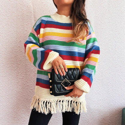 Pull femme charmant avec franges et motif rayé coloré Chic und Stil
