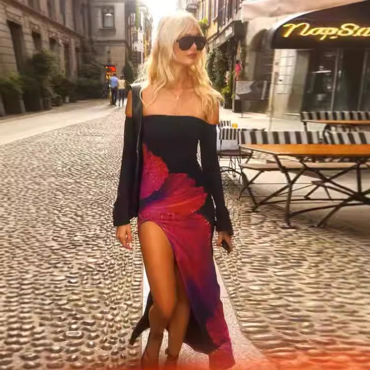 Robe maxi off-shoulder pour femmes avec imprimé floral et fente haute Chic und Stil