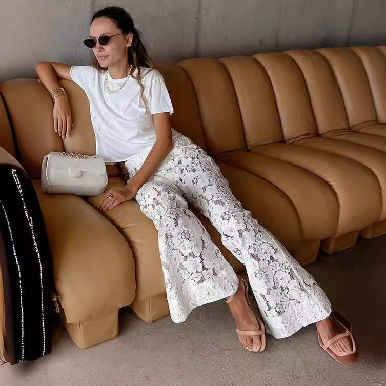 Elegant Lace Pants for Ladies with Wide Leg and Chic Floral Details