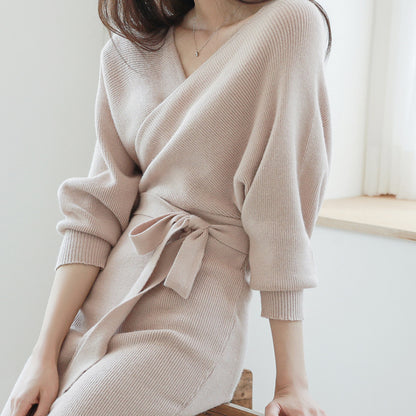Robe en tricot pour femmes avec effet drapé et ceinture à boutons Chic und Stil