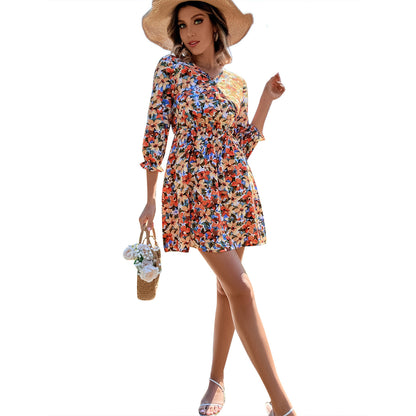 Robe fleurie pour femmes avec élastique continu et élégantes manches 3/4 Chic und Stil