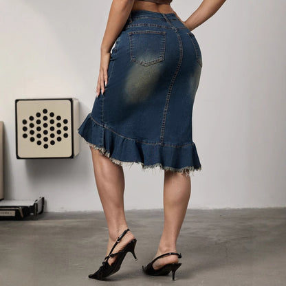 Jupe en jean pour femmes avec volant tendance et ourlet frangé Chic und Stil