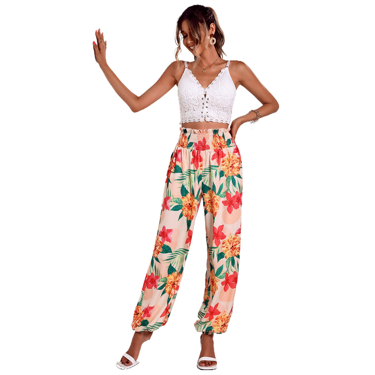 Wide Palazzo pants for women with floral patterns and elastic waist Chic und Stil