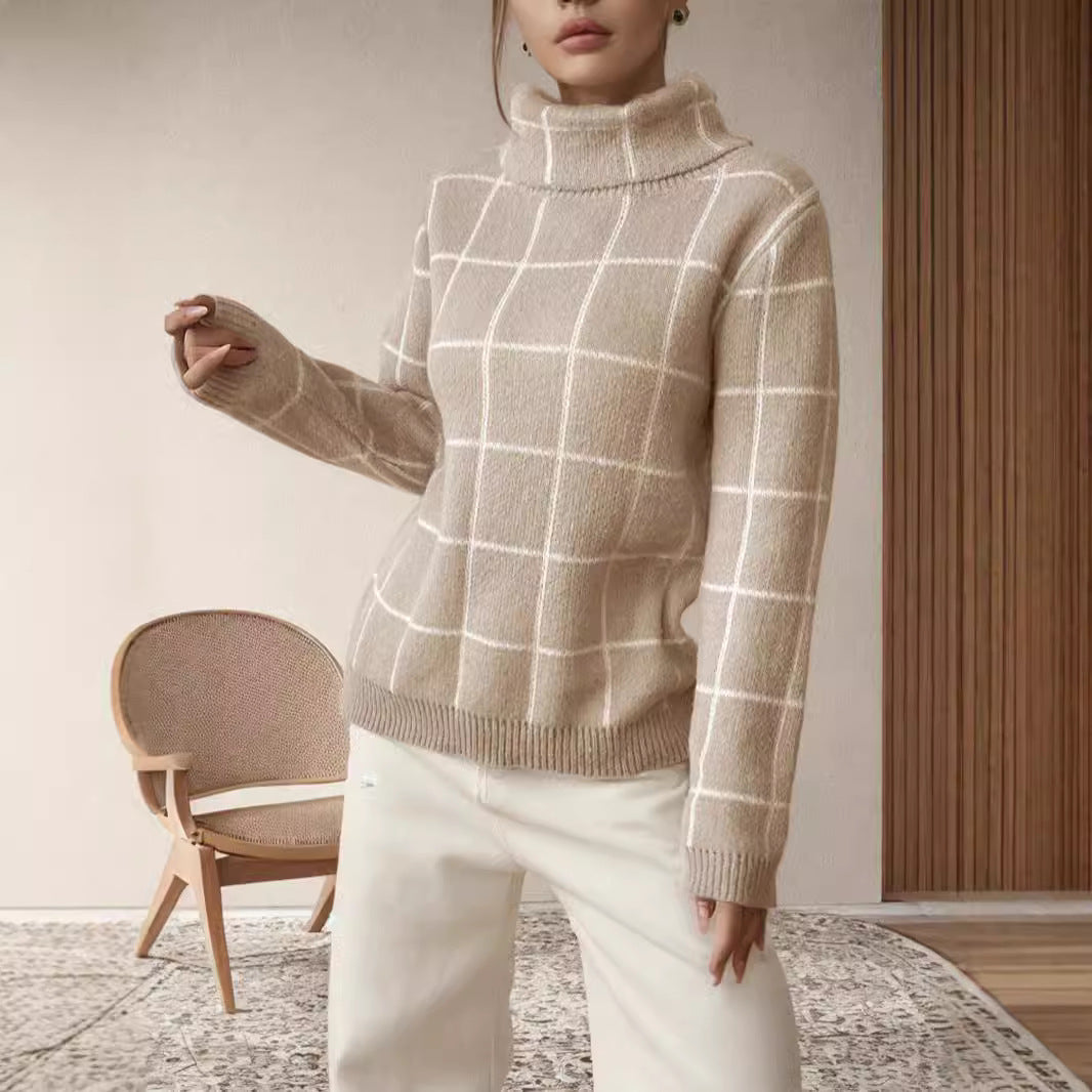 Pull en gros tricot pour femmes avec un motif à carreaux moderne et un col montant Chic und Stil