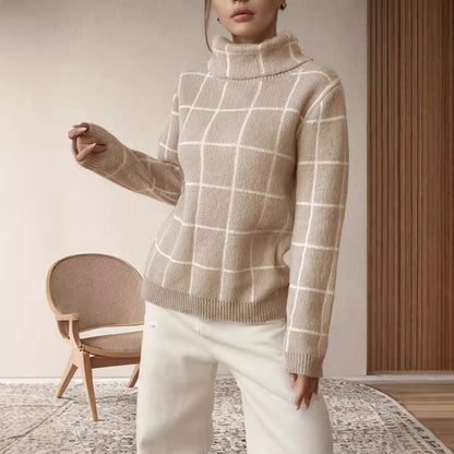 Pull en gros tricot pour femmes avec un motif à carreaux moderne et un col montant Chic und Stil