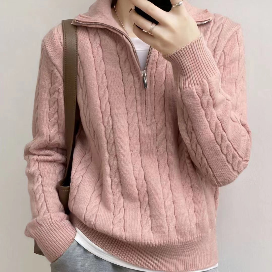 Pull en laine à tresses douillet pour femmes avec demi-fermeture éclair et larges poignets Chic und Stil