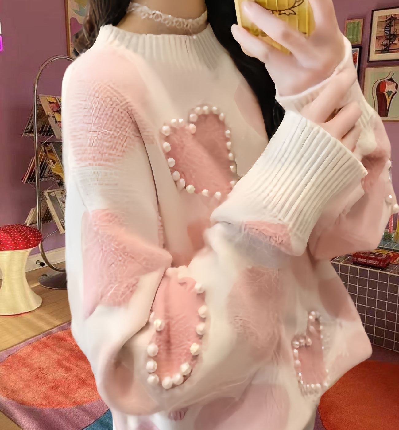 Dames Pull en tricot à motifs avec applications en forme de cœur et col en rib Chic und Stil