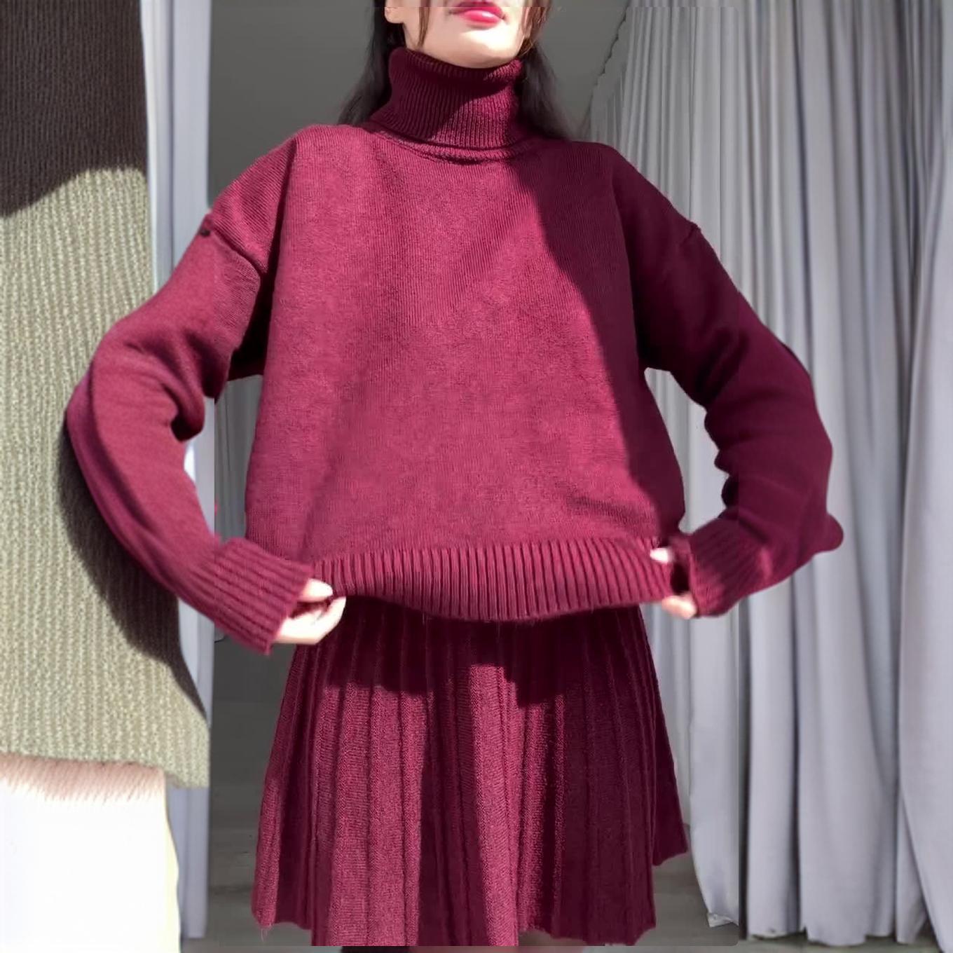 Dames Ensemble en tricot élégant avec col roulé et jupe fluide Chic und Stil