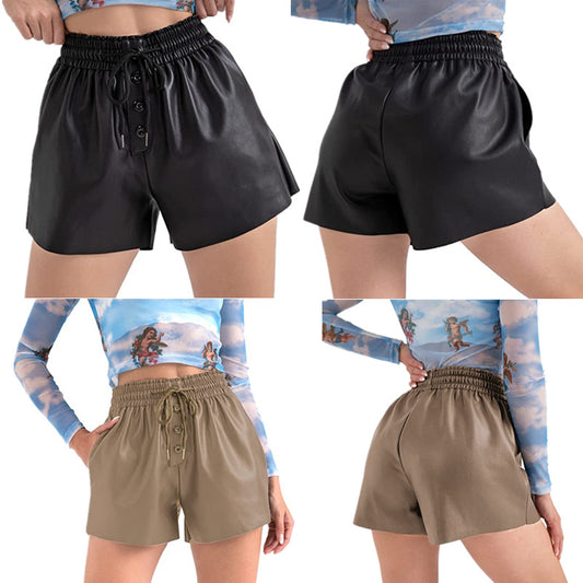 Shorts décontractés pour femmes en cuir synthétique innovant avec taille élastique et détails de boutons pratiques Chic und Stil