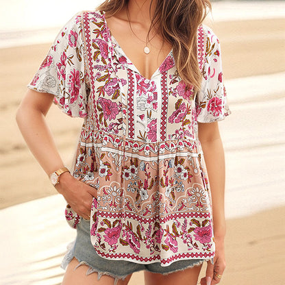 Tunique top boho à fleurs pour femmes avec détails de bouton Chic und Stil