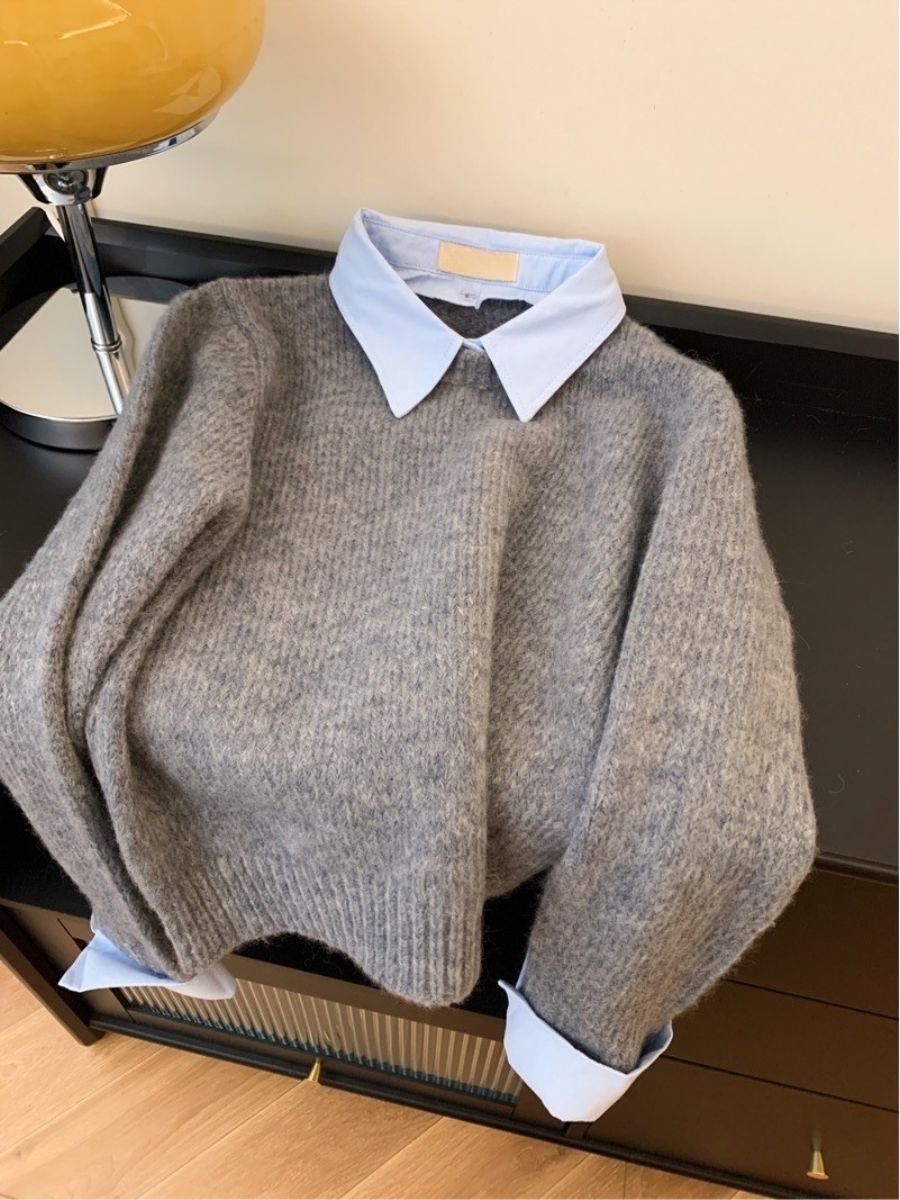 Pull tendance pour femmes avec combinaison de col de chemise intégré Chic & Stil