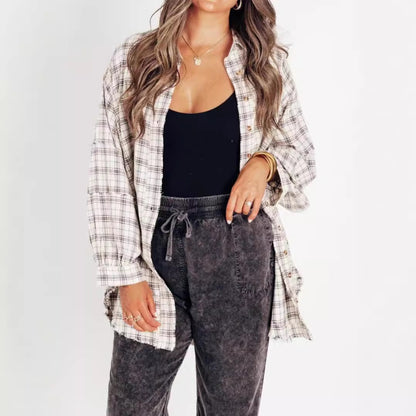 Dames décontractée veste longue à carreaux avec de larges manches Chic und Stil