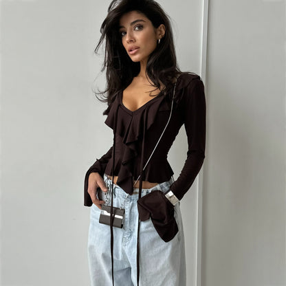 Blouse à manches longues pour femmes avec volants et décolleté en V plongeant Chic und Stil