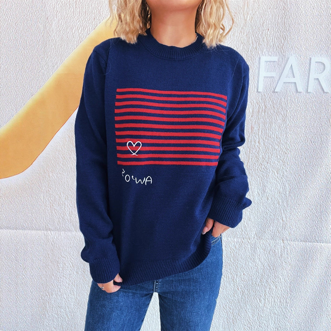 Pull décontracté pour femmes avec design rayé et application en forme de cœur Chic und Stil