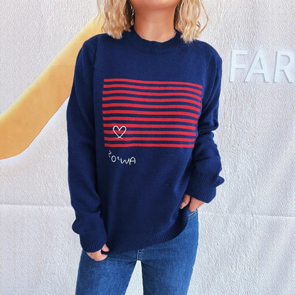 Pull décontracté pour femmes avec design rayé et application en forme de cœur Chic und Stil